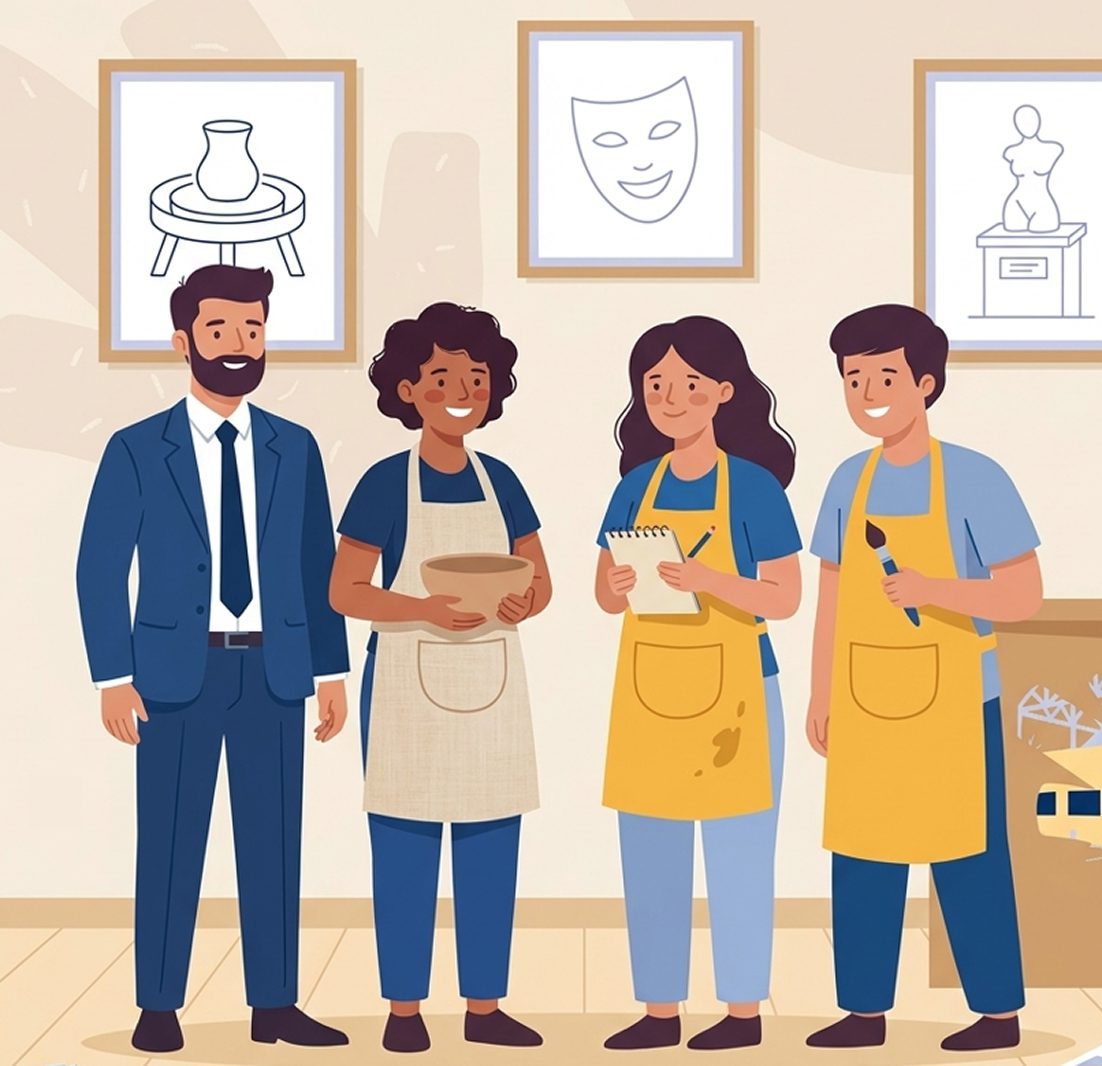 atelier-arts-partage-associatif-equipe Trois personnes se serrant les épaules dans un environnement artistique